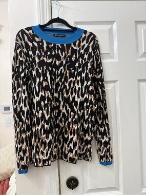 INC International Concepts Leopard Print Crewneck Sweater with Blue Trim